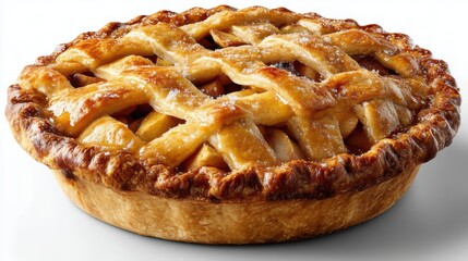a fresh, golden-brown apple pie with a flaky crust and lattice top on a white isolated background, comforting and sweet design