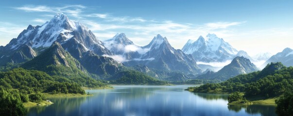 Serene mountain landscape by a tranquil lake.