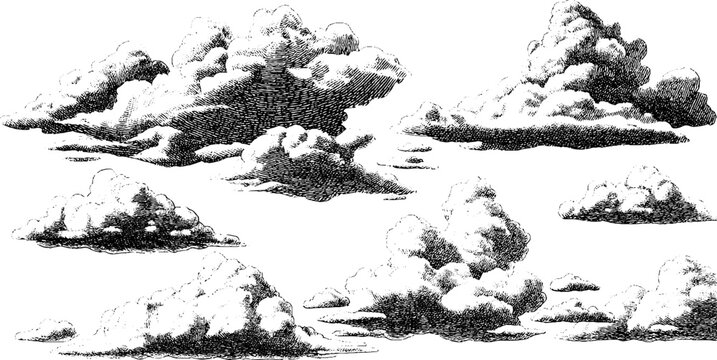 Vintage 1950s black and white cloud illustrations for retro design projects