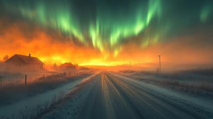Fototapeta premium Aurora Borealis over Snowy Road and Houses