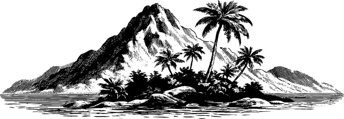 Vintage 1950s woodcut style: black and white tropical island scene with palm trees and mountains