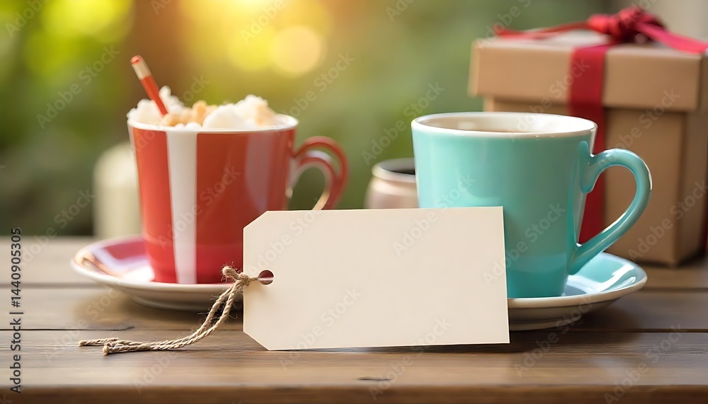 Fototapete father's day card empty tag. space for text label. cup and present box on table. gift box and bevera
