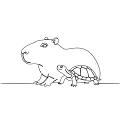 Line Drawing of Capybara and Turtle Friendship on Transparent Background  