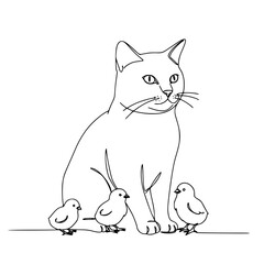 Obraz premium Cat with three chicks in a minimalist line drawing on transparent background 