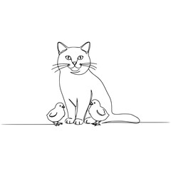 Line Drawing of a Cat with Two Chicks on Transparent Background  