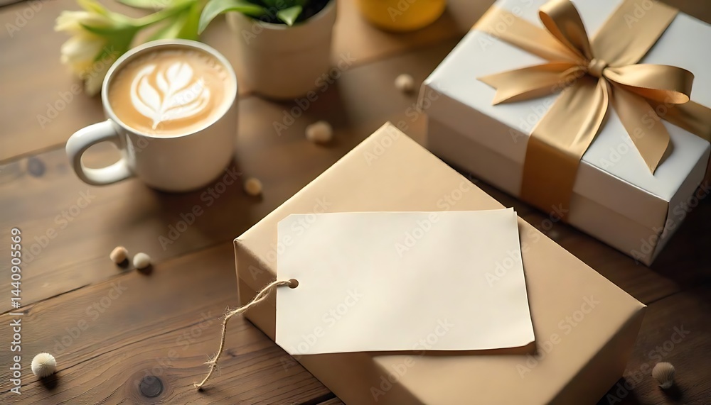 Fototapete father's day card empty tag. space for text label. cup and present box on table. gift box and bevera