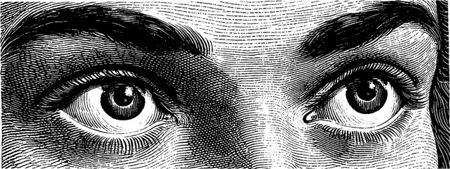 Retro 1950s woodcut style eye illustration in black and white