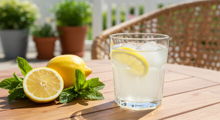 Fototapeta premium Lemonade glass with lemon and mint on sunny patio table.