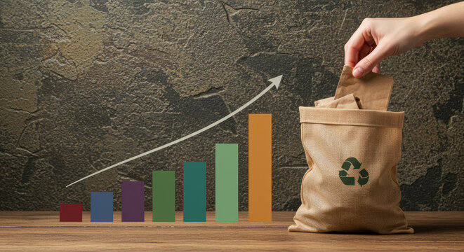 Recycling bag with graph showing economic growth and sustainability.