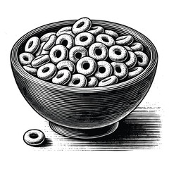 Engraved Illustration of a Bowl Filled with Round Cereal Loops, drawn in an engraved, woodcut style with fine details sketch engraving vector illustration. Scratch board imitation. Black and white 