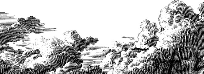 Engraved sky illustration with bold lines and clouds. Vintage black and white art featuring detailed texture and classic atmospheric design.