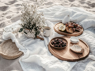 Rustic Beach Breakfast with Grapes and Pears