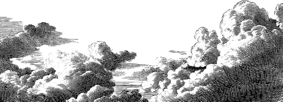 Naklejki Engraved sky illustration with bold lines and clouds. Vintage black and white art featuring detailed texture and classic atmospheric design.
