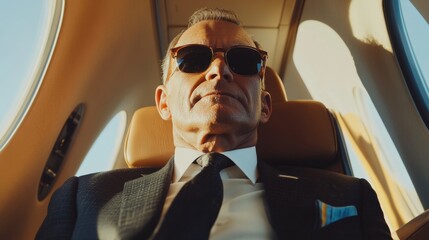  Confident businessman wearing sunglasses in private jet