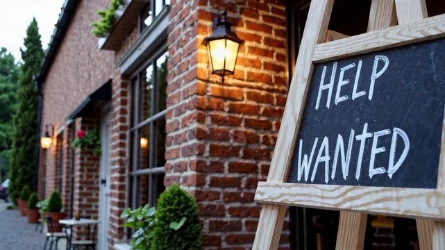 Charming brick café with help wanted sign in tranquil evening ambiance - Powered by Adobe