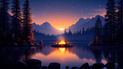 Night fire in the mountain lake, peaceful sunset landscape, starry sky, calm atmosphere