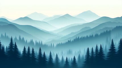 Obraz premium Misty mountain range with dense forest silhouettes.