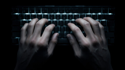 Digital Symphony: A pair of hands, illuminated by the glow of a keyboard, engaged in the rhythmic dance of digital creation, against a backdrop of darkness.