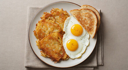 Homemade hash browns next to sunny side up eggs and toast on classic hearty breakfast plate with linen napkin, flat lay with soft natural light