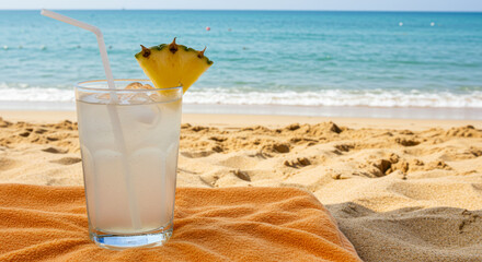 A tropical drink on a towel at a sunny beach by the ocean.