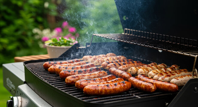 Juicy sausages grilling on a barbecue in a lush green garden. - Powered by Adobe