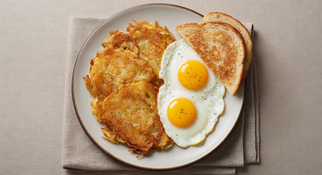 Homemade hash browns next to sunny side up eggs and toast on classic hearty breakfast plate with linen napkin, flat lay with soft natural light