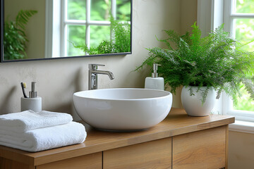 Fototapeta premium Salle de bain moderne avec évier une vasque en céramique blanche, meuble en bois clair, décoration végétale et lumière naturelle – ambiance zen et épurée