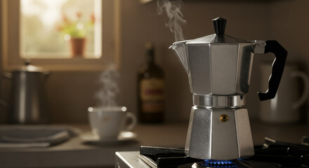Moka pot brewing coffee on a stove with steam rising.
