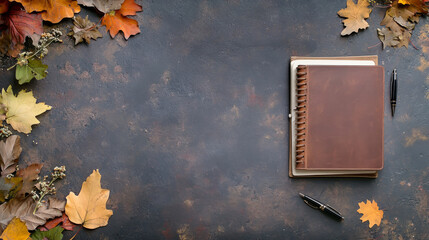 Autumn inspiration with journal and pen for seasonal reflection and creativity