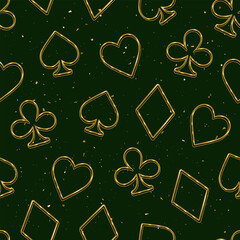Seamless pattern with randomly scattered card suits icons on dark green textured background. Golden contour outline symbols of hearts, clubs, spades, diamonds. Luxury style. Gambling, casino theme