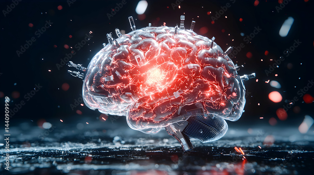 Poster futuristic brain with neural network and mechanical components. represents advanced technology and n
