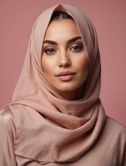 Portrait of beautiful modern muslim woman with natural make-up dressed in hijab posing in studio