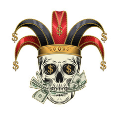 Joker, jester skull in harlequin hat with golden dollar signs. Mouth full of cash money. Concept of luck, win jackpot.