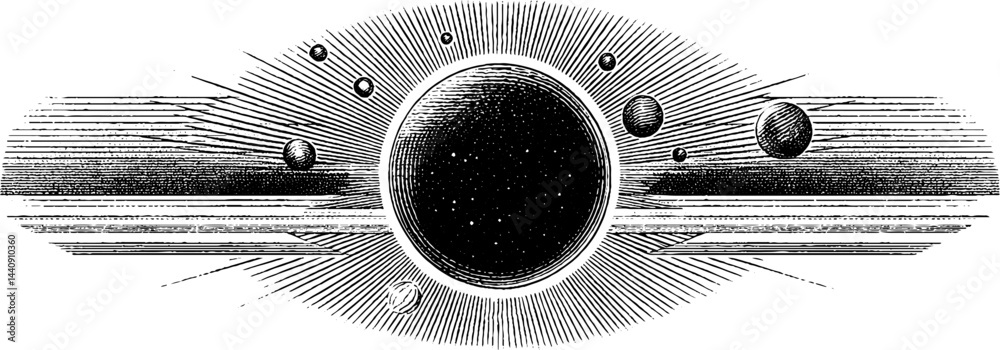 Wall mural celestial design with engraved orb and rays for mystical artwork