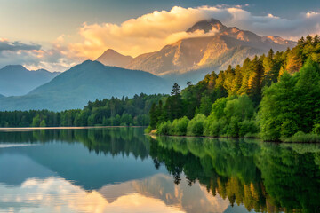 Fototapeta premium A peaceful scene unfolds as misty dawn breaks over a calm lake, bordered by vibrant green forests and towering mountains, with a gentle fog drifting in.