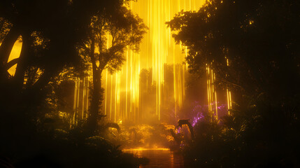 Fototapeta premium A glowing futuristic neon jungle with digital animals and towering neon trees under a bright yellow sky.