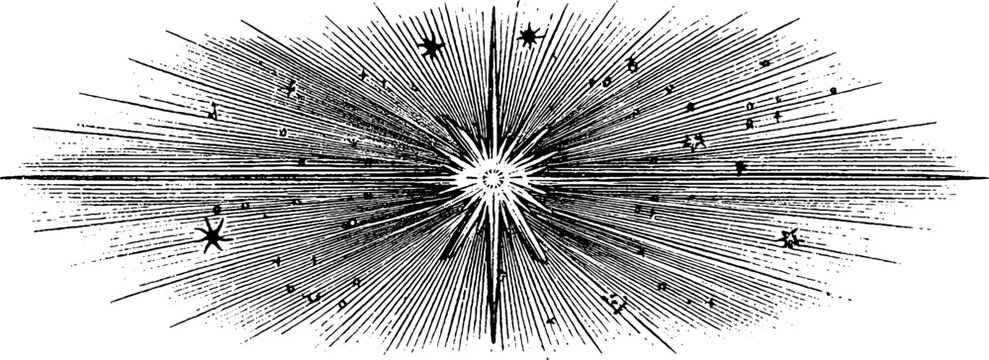 Engraved celestial banner design with radiant orb for cosmic art