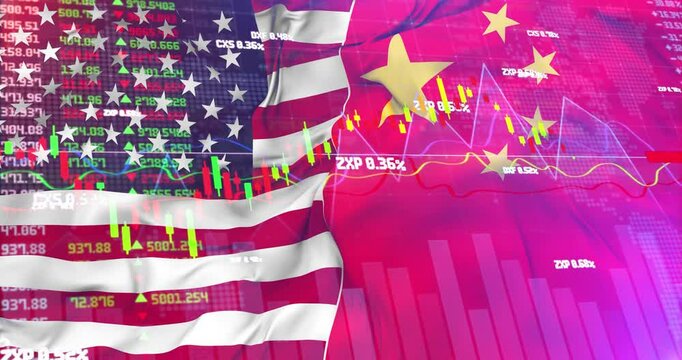 United States China Import Tax Tariff Trade War Conflict. Trade War Policy. American Economy. Tariffs Growth. Dollar vs Yuan. USA & China Flags with Market Price Fluctuating Graph Chart. Global Powers
