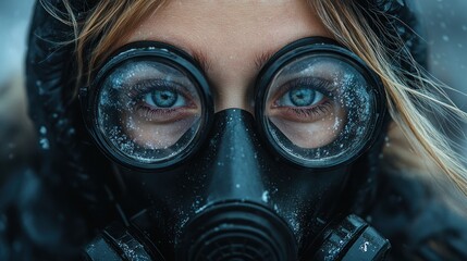 Frozen Gaze: A Woman's Intense Stare Through a Gas Mask in a Snowy Landscape