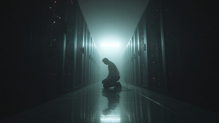 Lost in the Digital Labyrinth: A solitary figure kneels in the dimly lit server room, surrounded by towering racks of technology, pondering the overwhelming expanse of information and data