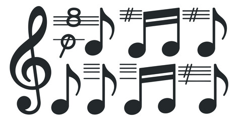 Musical Notes Vector Illustration With Treble Clef And Symbols Of Tempo And Alterations Isolated On White Background