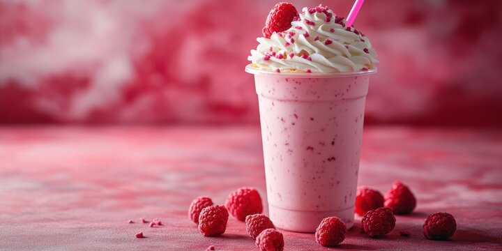Refreshing raspberry milkshake topped with whipped cream and berries in a vibrant setting