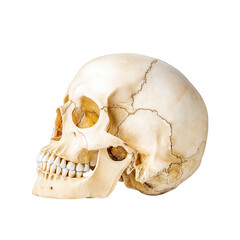 Fototapeta premium The human skull shows complex structure with visible sutures on white background.