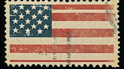 American Flag Postage Stamp: A vintage postage stamp featuring the iconic American flag, with its red and white stripes and a field of blue stars, showcasing a patriotic symbol.