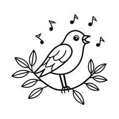 Obraz premium Singing bird on branch with notes in vector line art style