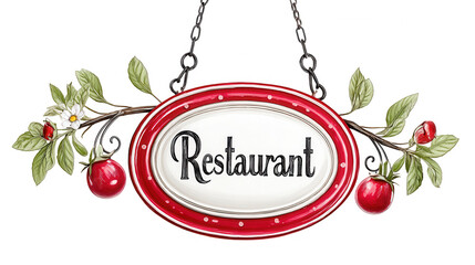 Hand drawn illustration of a charming restaurant sign with floral accents