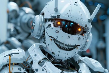 Fototapeta premium Happy white closeup robot face symbolizing new AI driven technology