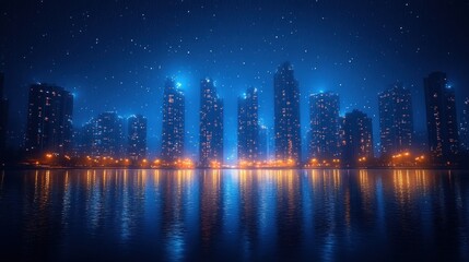 Fototapeta premium Night Cityscape: Futuristic Skyline Reflected on Calm Waters Under a Starry Night