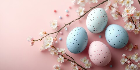 Fototapeta premium Colorful pastel eggs arranged with cherry blossom branches for spring celebration decoration