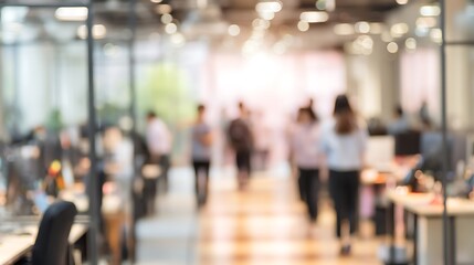 Casual business office with blurred staff and bokeh backdrop  
